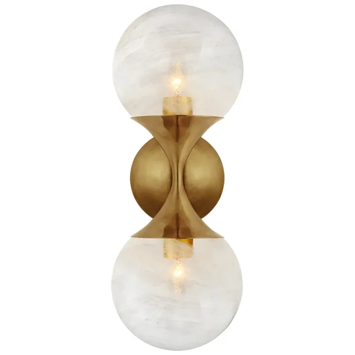AERIN Cristol Small Double Sconce in Hand-Rubbed Antique Brass with White Glass Wall Light W6″ x H15.75″ARN 2405HAB-WG