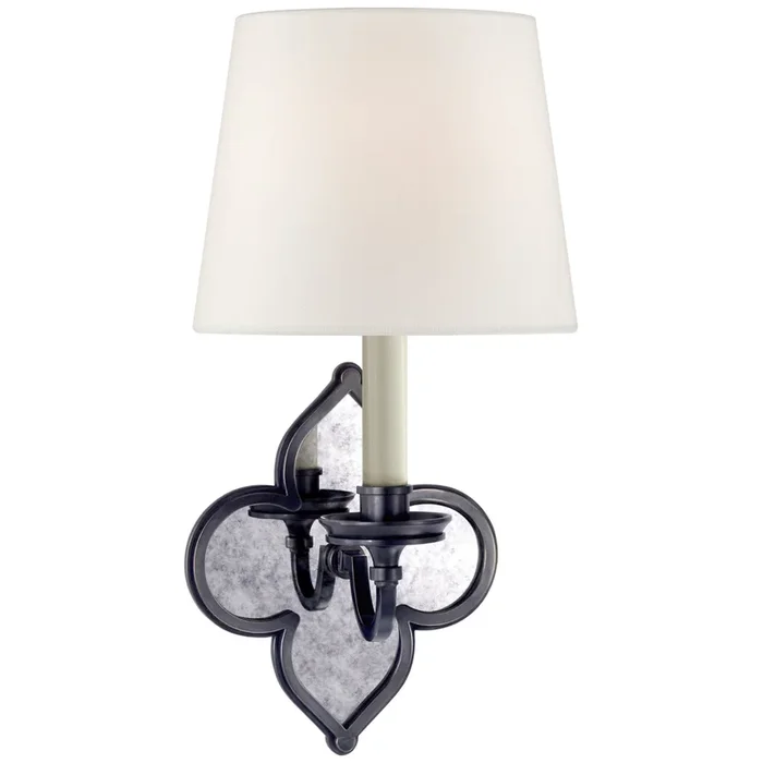 Alexa Hampton Lana Single Sconce in Gun Metal and Antique Mirror with Linen Shade Wall Light W6.5″ x H13.75″AH 2040GM-L