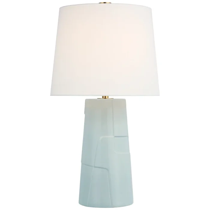 Barbara Barry Braque Medium Debossed Table Lamp in Ice Blue Porcelain with Linen Shade W18″ x H28.75″BBL 3622ICB-L