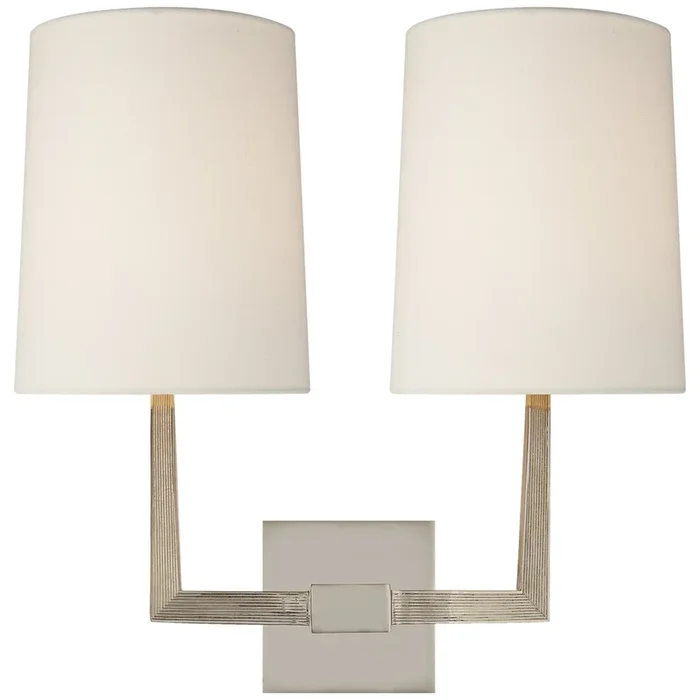 Barbara Barry Ojai Large Double Sconce in Polished Nickel with Linen Shade Wall Light W16.5″ x H16.5″BBL 2084PN-L
