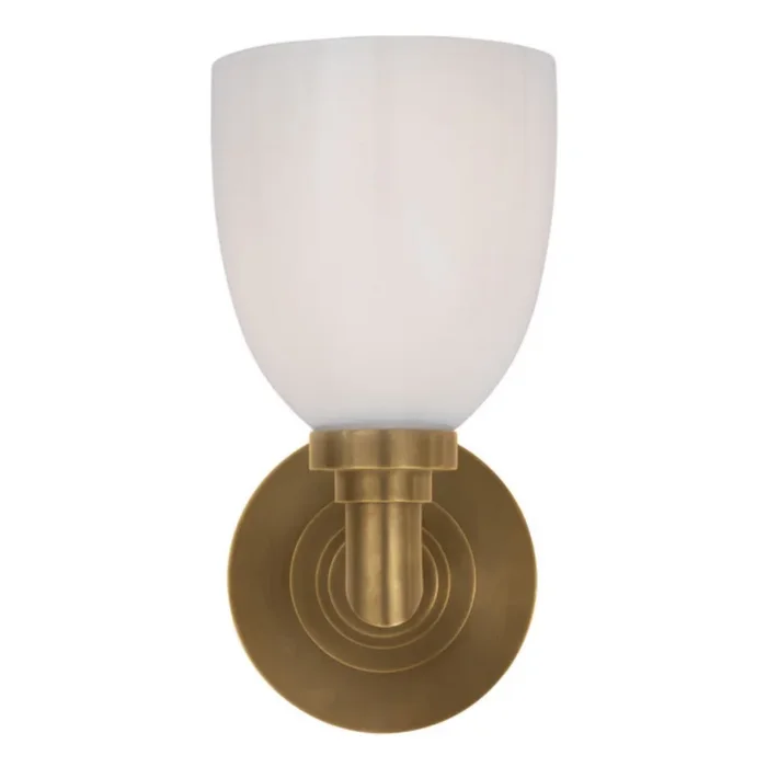 Chapman & Myers Wilton Single Bath Light in Hand-Rubbed Antique Brass with White Glass Wall Light W5″ x H10.25″SL 2841HAB-WG
