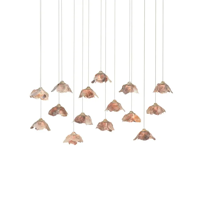 Currey & Company 9000-0678 Catrice Rectangular 15-Light Multi-Drop Pendant in Painted Silver/Contemporary Silver Leaf/Natural Shell