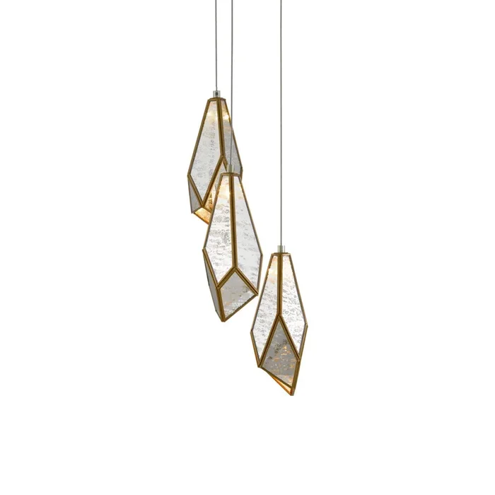 Currey & Company 9000-0703 Glace 3-Light Multi-Drop Pendant in Painted Silver/Antique Brass