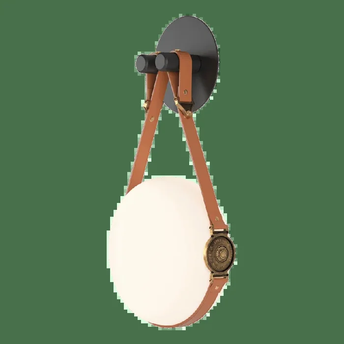Derby LED Sconce – Antique Brass Metal Accent – Leather Chestnut Accent
