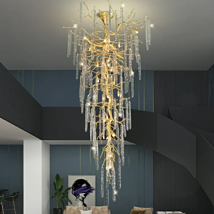 Extra Large Brass Tree Branch LED Chandelier Crystal Bar Drops Ceiling Light Fixture For Foyer Living Room HallVL-X-07904