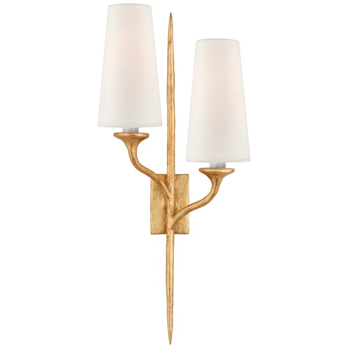 Julie Neill Iberia Double Left Sconce in Antique Gold Leaf with Linen Shades Wall Light W11″ x H24″JN 2076AGL-L