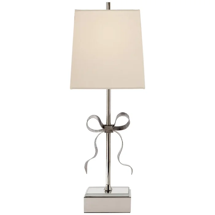 kate spade new york Ellery Gros-Grain Bow Table Lamp in Polished Nickel and Mirror with Cream Linen Shade W8″ x H22.75″KS 3111PN-L