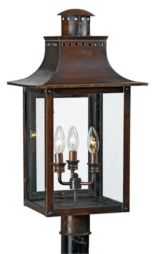 Quoizel Chalmers Three Light Outdoor Post Lantern in Aged Copper – CM9012AC