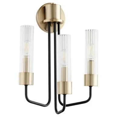 Quorum Helix Three Light Wall Mount in Textured Black w/ Aged Brass – 595-3-6980