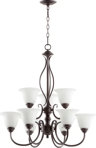 Quorum Spencer Nine Light Chandelier in Oiled Bronze w/ Satin Opal – 6010-9-186