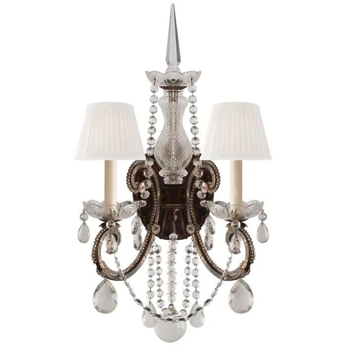 Ralph Lauren Adrianna Double Sconce in Antique Gild and Antiqued Crystal and Silk Shades Wall Light W14″ x H25″RL 2231AG-S