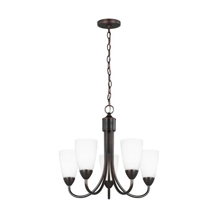 Seville Five Light Chandelier Transitional 17.5″ Height Steel Round Etched / White Inside Shade in Bronze3120205-710