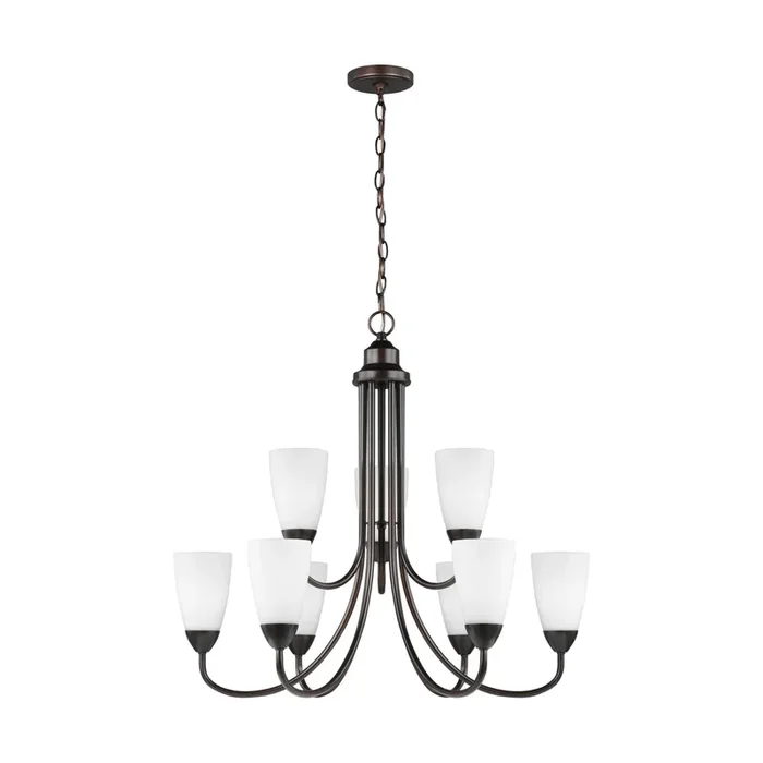 Seville Nine Light Chandelier LED Transitional 27.125″ Height Steel Round Etched / White Inside Shade in Bronze3120209EN3-710