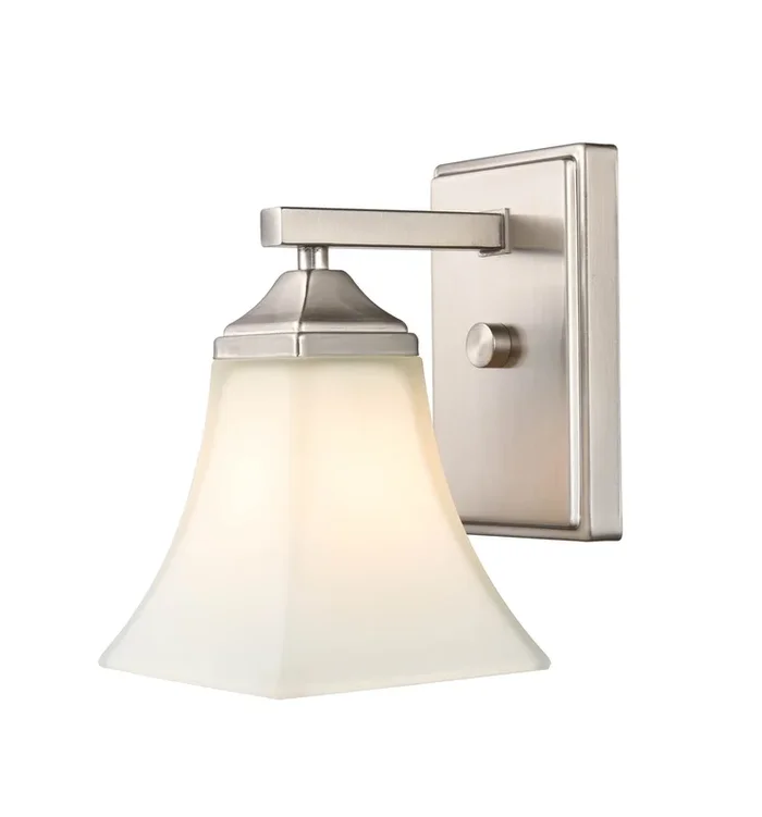 Single Lamp Wall Sconce – Brushed Nickel – Etched White Glass – 7.5in. Extension – E26 Medium Base