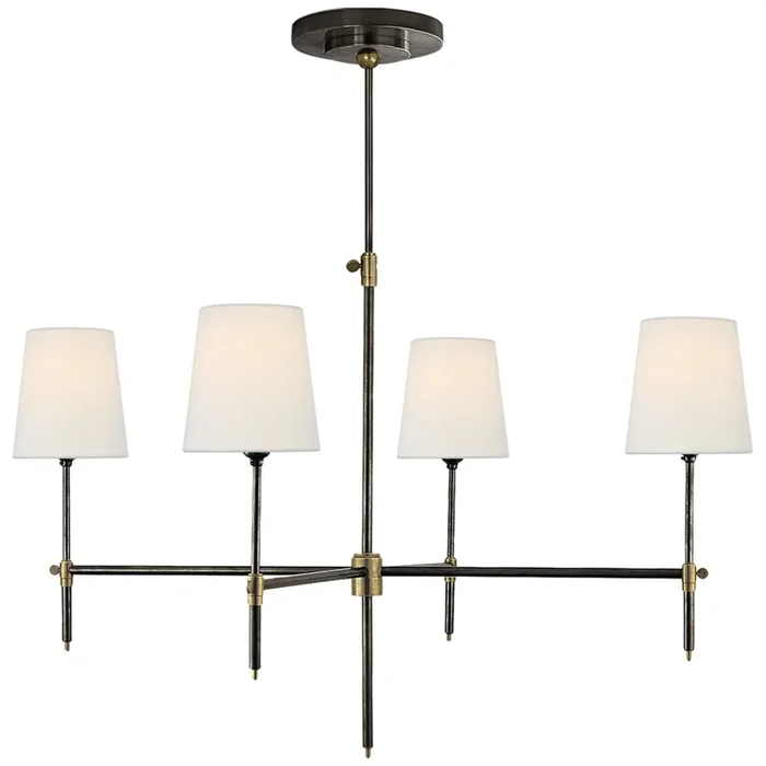 Thomas O’Brien Bryant Large Chandelier in Bronze and Hand-Rubbed Antique Brass with Linen Shades Ceiling Light W36″TOB 5003BZ/HAB-L