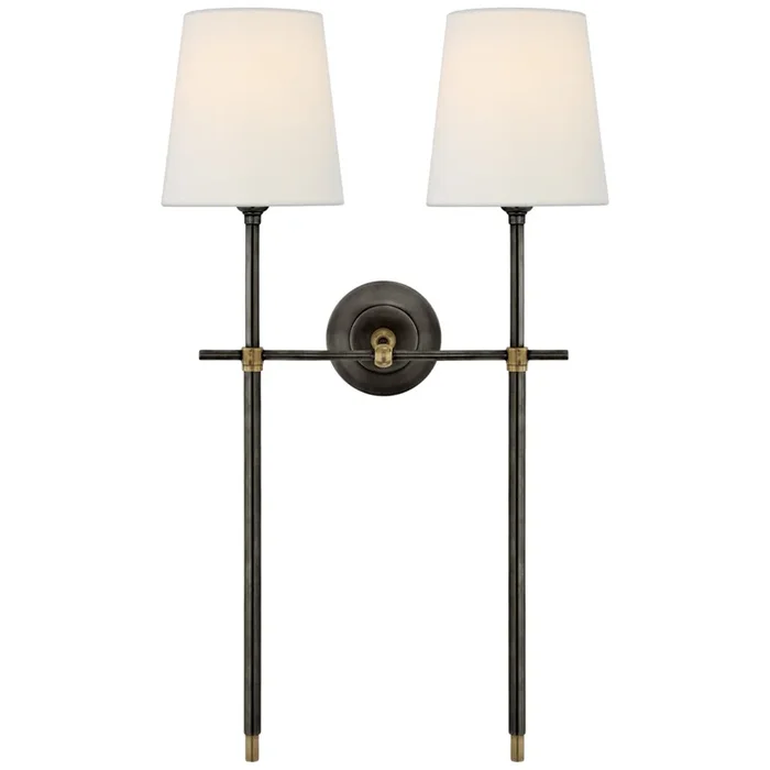 Thomas O’Brien Bryant Large Double Tail Sconce in Bronze and Hand-Rubbed Antique Brass with Linen Shades Wall Light W16″ x H26.5″TOB 2025BZ/HAB-L