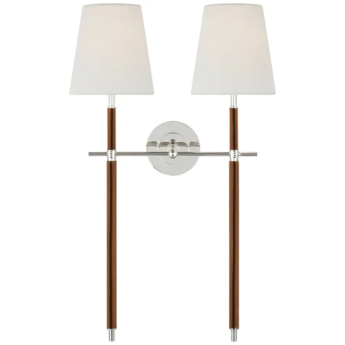 Thomas O’Brien Bryant Large Wrapped Double Tail Sconce in Polished Nickel and Natural Leather with Linen Shades Wall Light W16″ x H26″TOB 2584PN/NAT-L