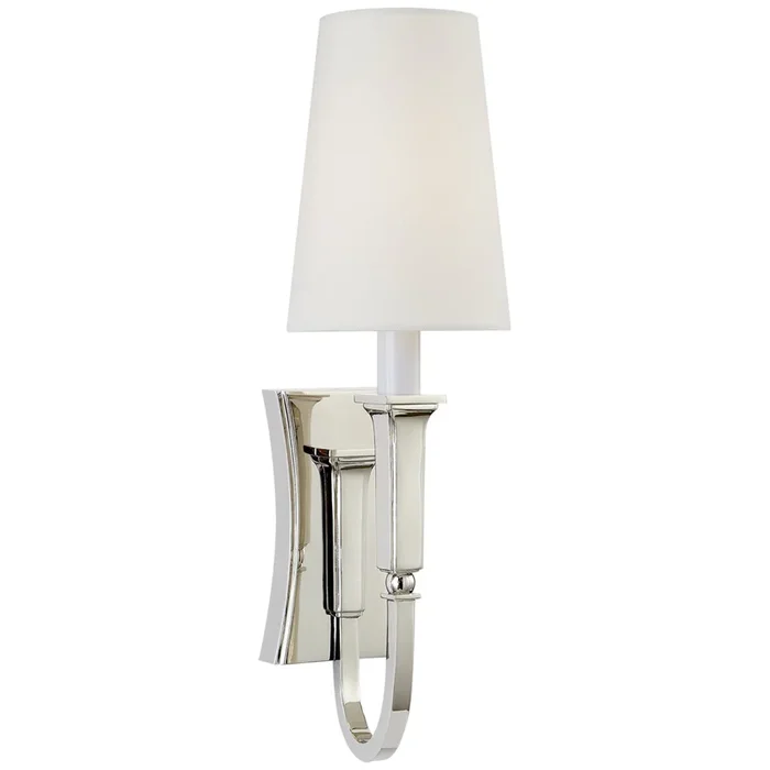 Thomas O’Brien Delphia Small Single Sconce in Polished Nickel with Linen Shade Wall Light W5″ x H17.25″TOB 2272PN-L