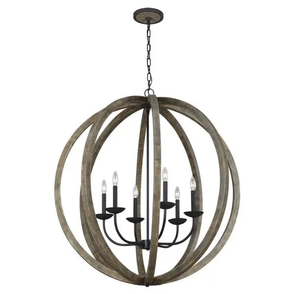 Visual Comfort Studio F3186/6WOW/AF Large Pendant in Weathered Oak Wood / Antique Forged Iron