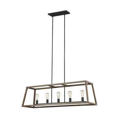 Visual Comfort Studio Gannet Five Light Linear Chandelier in Weathered Oak Wood / Antique Forged Iron – F3193/5WOW/AF